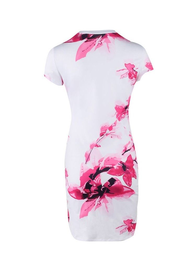 Kvinders Bodycon Over Blomsterprint Knæ Rund Hals Midje Sommerkjole