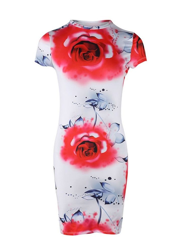 Kvinders Bodycon Over Blomsterprint Knæ Rund Hals Midje Sommerkjole