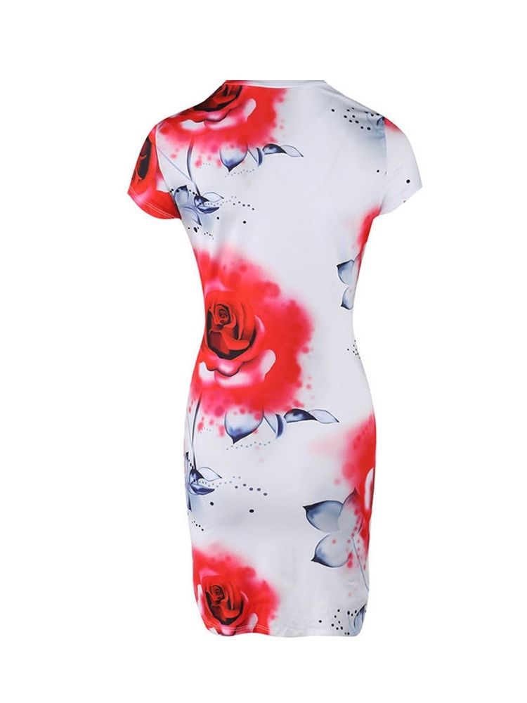 Kvinders Bodycon Over Blomsterprint Knæ Rund Hals Midje Sommerkjole