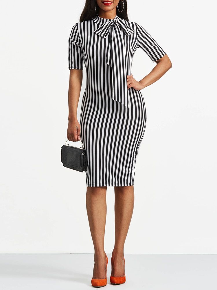 Kvinders Bowknot Bow Collar Stripe Bodycon Kjole