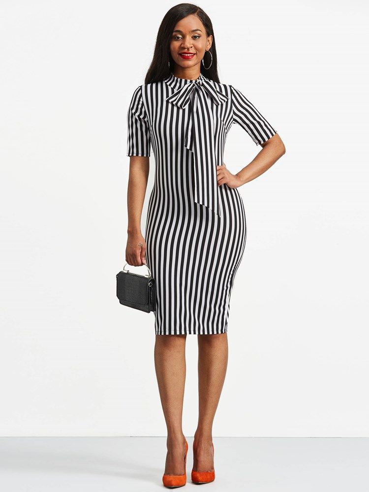 Kvinders Bowknot Bow Collar Stripe Bodycon Kjole