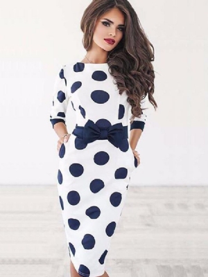 Kvinders Knælængde Bowknot Polka Dot Bodycon Kjole