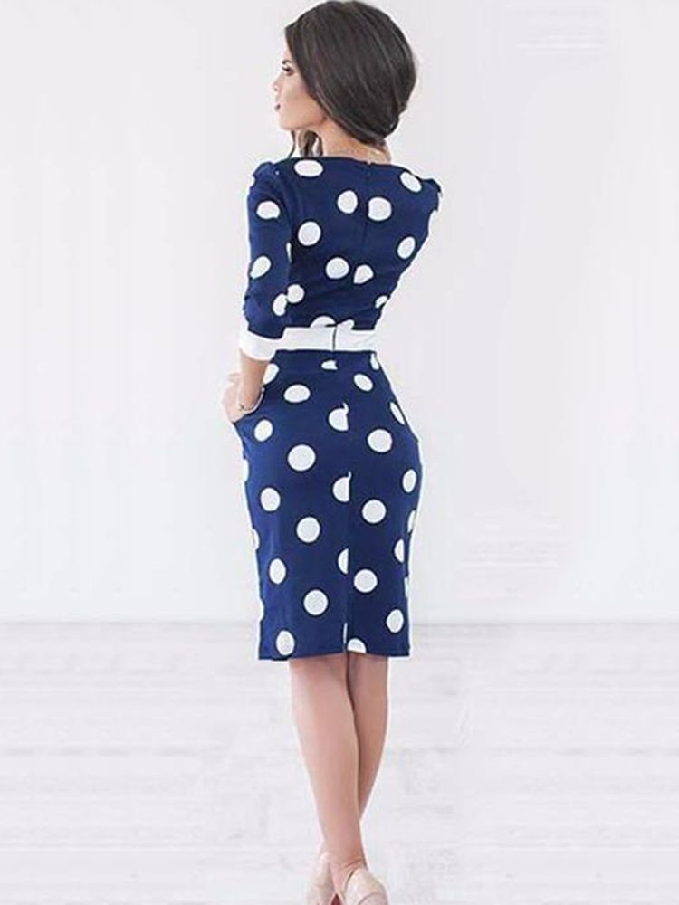 Kvinders Knælængde Bowknot Polka Dot Bodycon Kjole