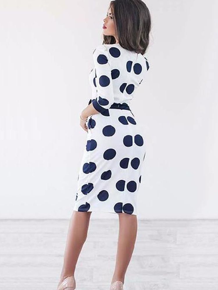 Kvinders Knælængde Bowknot Polka Dot Bodycon Kjole