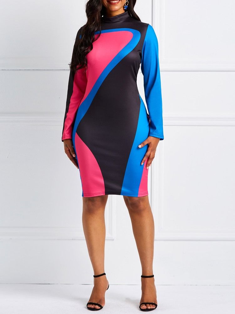 Kvinders Langærmet Color Block-stativkrave Bodycon-kjole