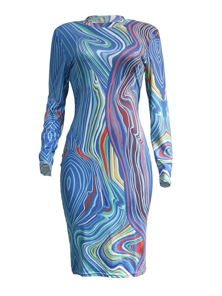 Kvinders Langærmet Print Mid-kalv Normal Bodycon Kjole