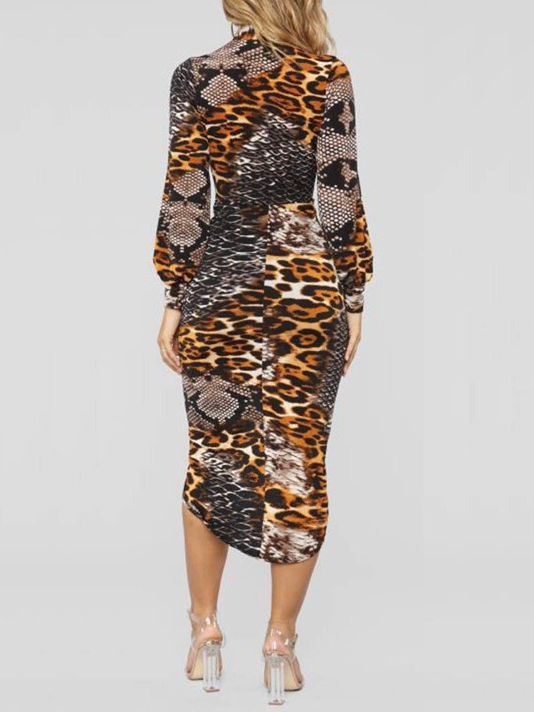 Kvinders Langærmet Print V-hals Bodycon Leopard Kjole