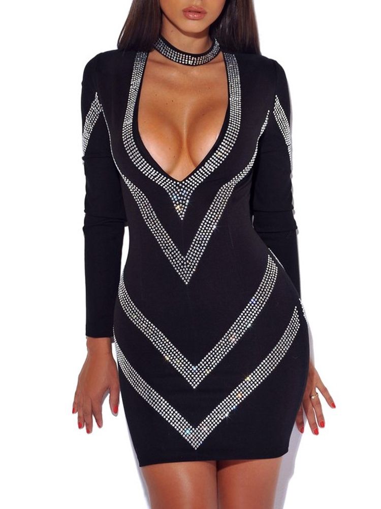 Kvinders Langærmet Rhinestone Bodycon Kjole