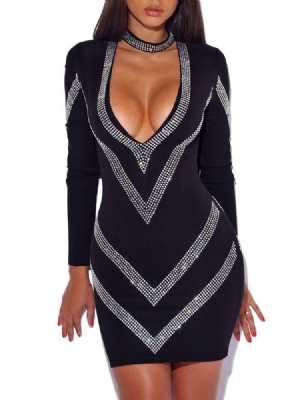 Kvinders Langærmet Rhinestone Bodycon Kjole