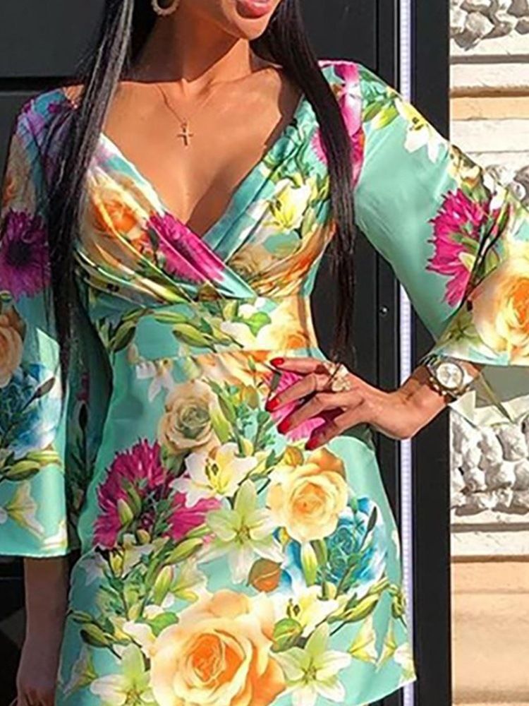 Kvinders Ni-punkts Ærme Print V-hals Bodycon Blomster Kjole