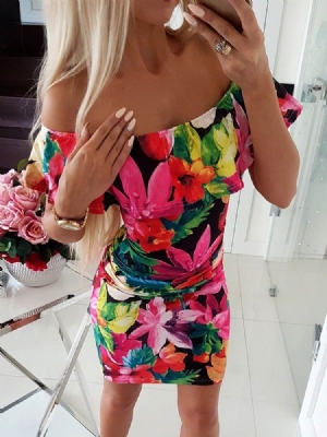 Kvinders Off Shoulder Floral Print Over Knæet Bodycon Normal Kjole