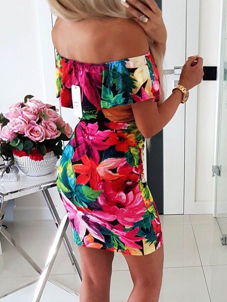 Kvinders Off Shoulder Floral Print Over Knæet Bodycon Normal Kjole