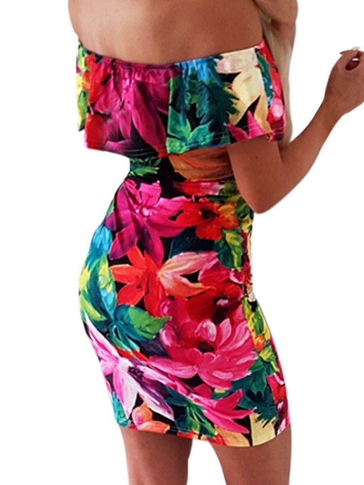 Kvinders Off Shoulder Floral Print Over Knæet Bodycon Normal Kjole