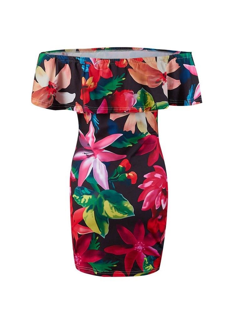 Kvinders Off Shoulder Floral Print Over Knæet Bodycon Normal Kjole