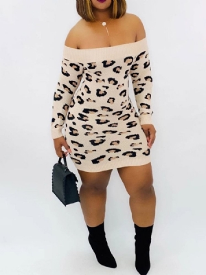 Kvinders Off Shoulder Over Knæet Print Leopard Regular Dress