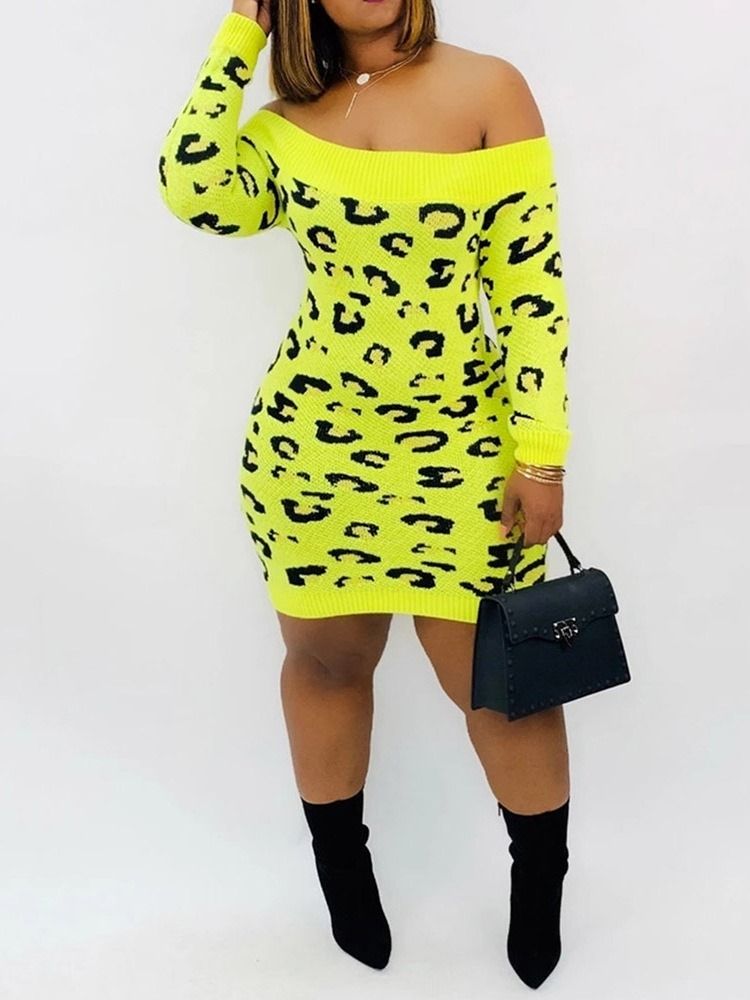 Kvinders Off Shoulder Over Knæet Print Leopard Regular Dress