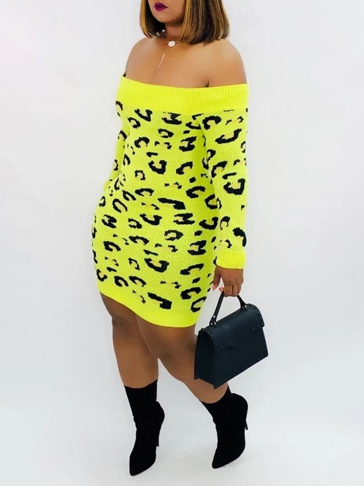 Kvinders Off Shoulder Over Knæet Print Leopard Regular Dress