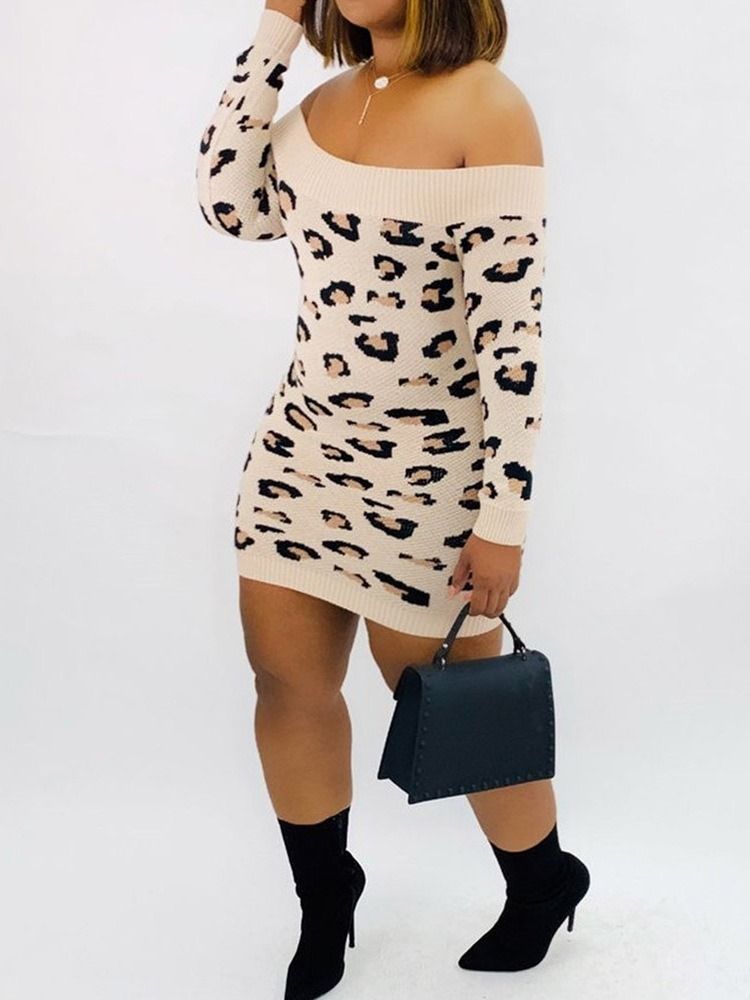 Kvinders Off Shoulder Over Knæet Print Leopard Regular Dress