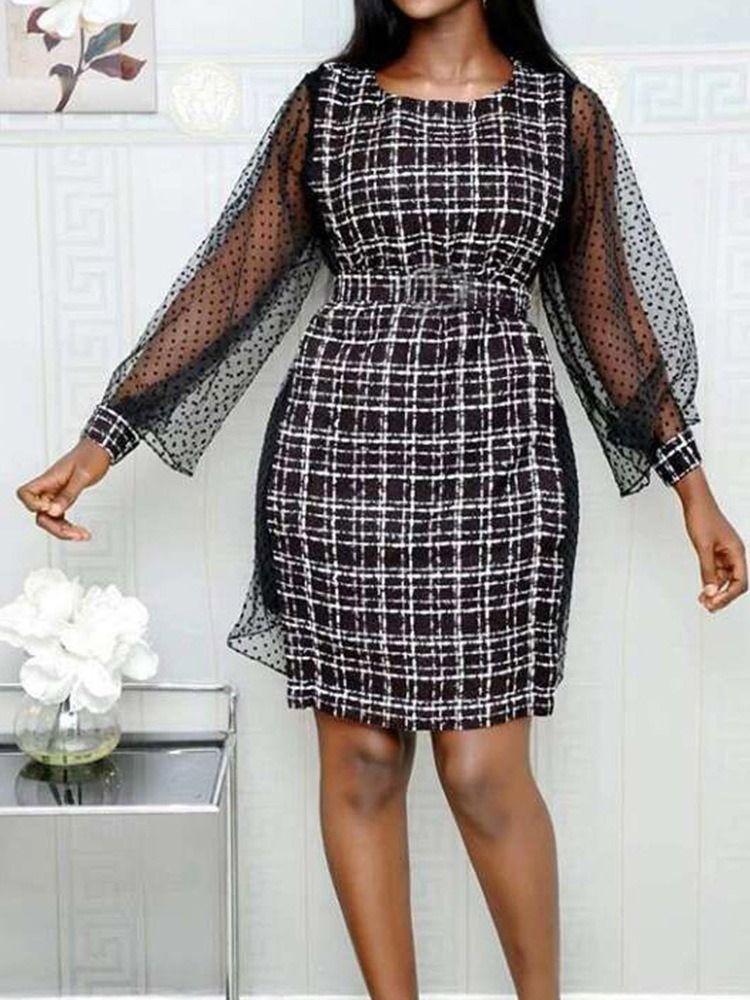 Kvinders Overknee Patchwork Mesh Plaid Regular Dress