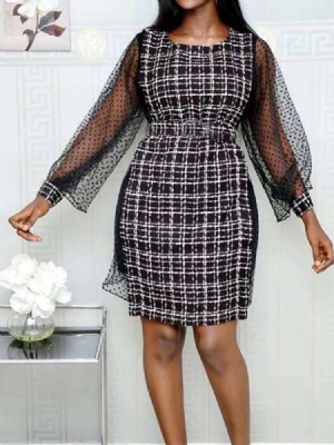 Kvinders Overknee Patchwork Mesh Plaid Regular Dress