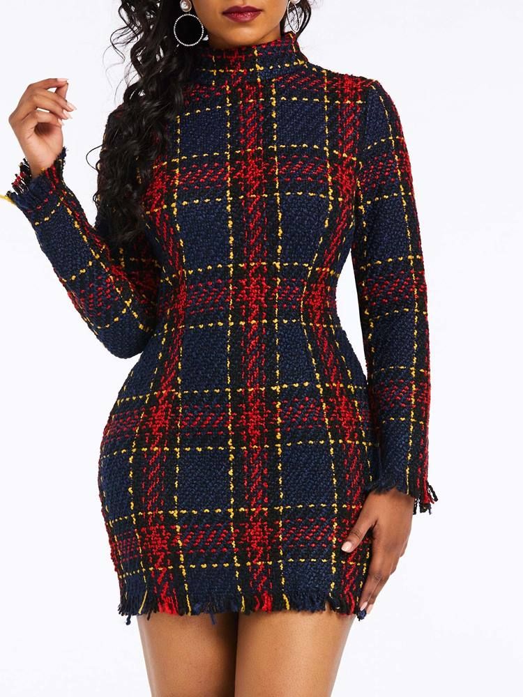 Kvinders Plaid Over Knæet Langærmet Bodycon Kjole