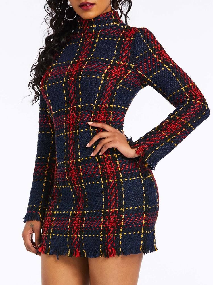 Kvinders Plaid Over Knæet Langærmet Bodycon Kjole