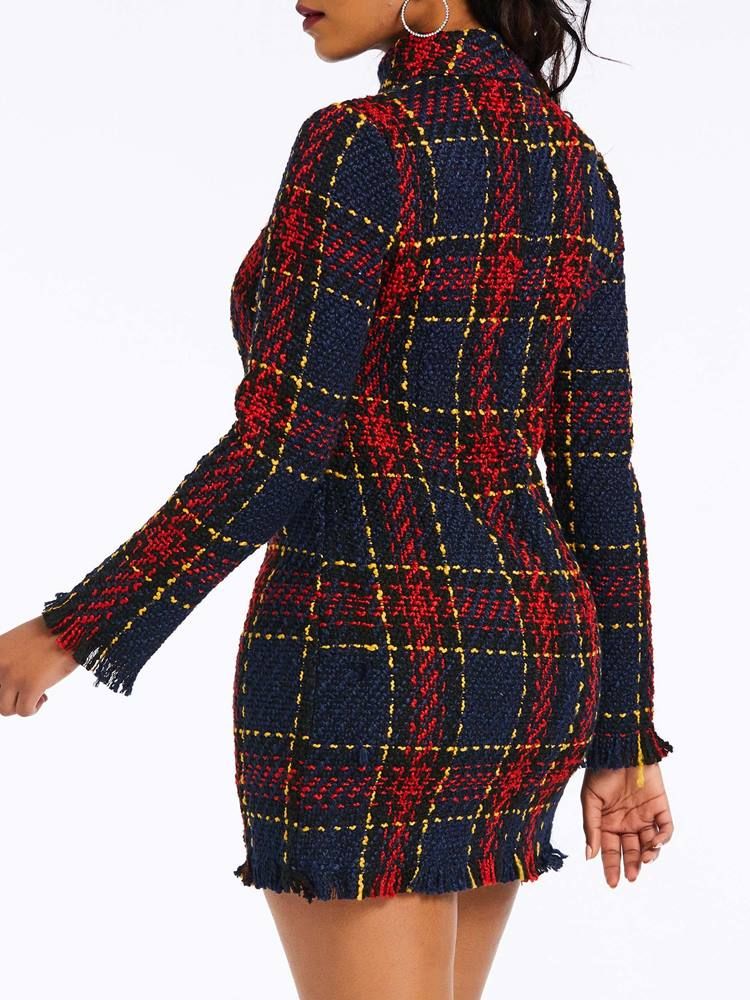 Kvinders Plaid Over Knæet Langærmet Bodycon Kjole