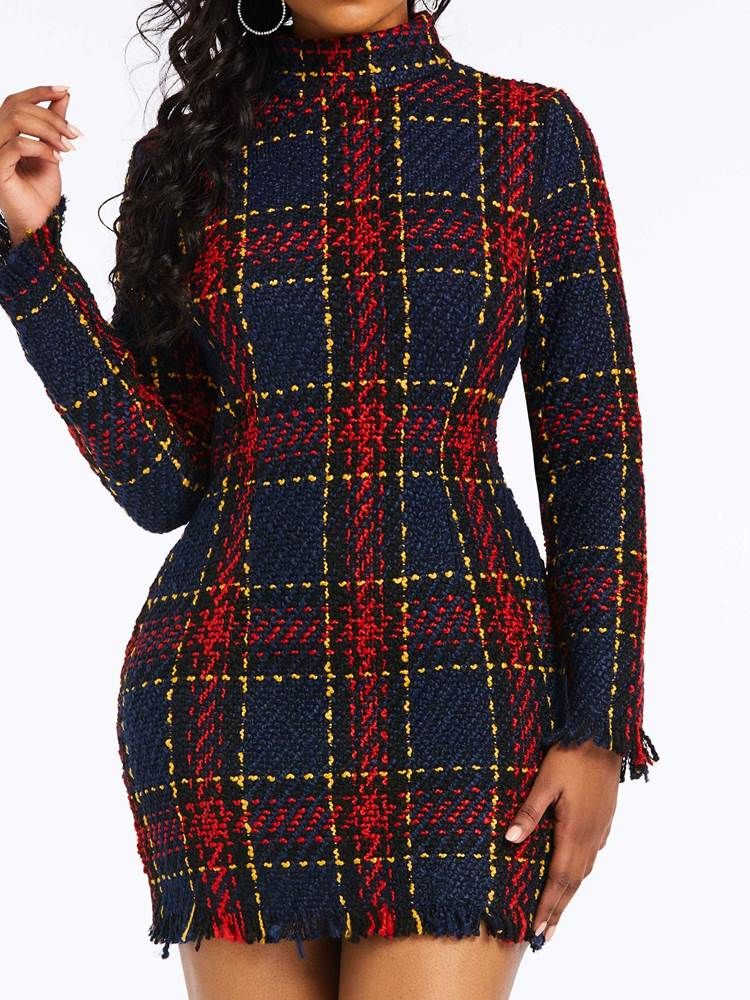 Kvinders Plaid Over Knæet Langærmet Bodycon Kjole