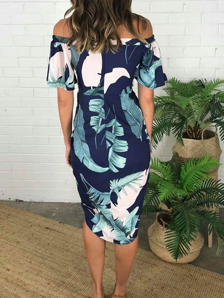 Kvinders Print Off Shoulder Kortærmet Normal Asymmetrisk Kjole