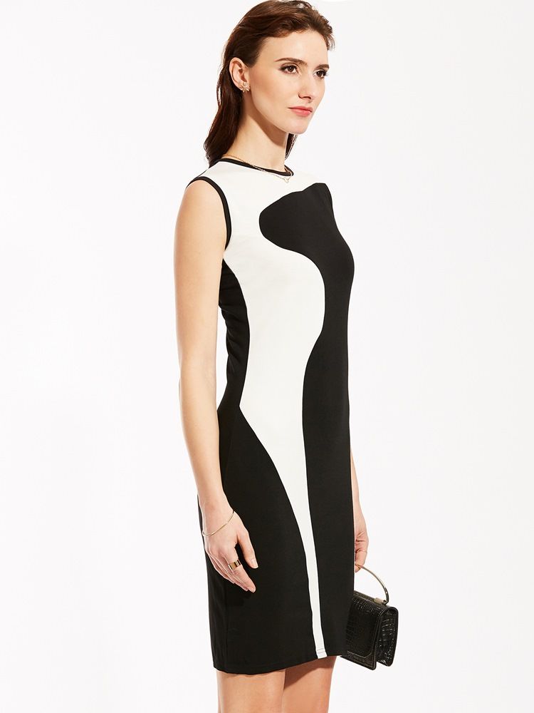 Kvinders Rund Hals Ærmeløs Color Block Bodycon Kjole