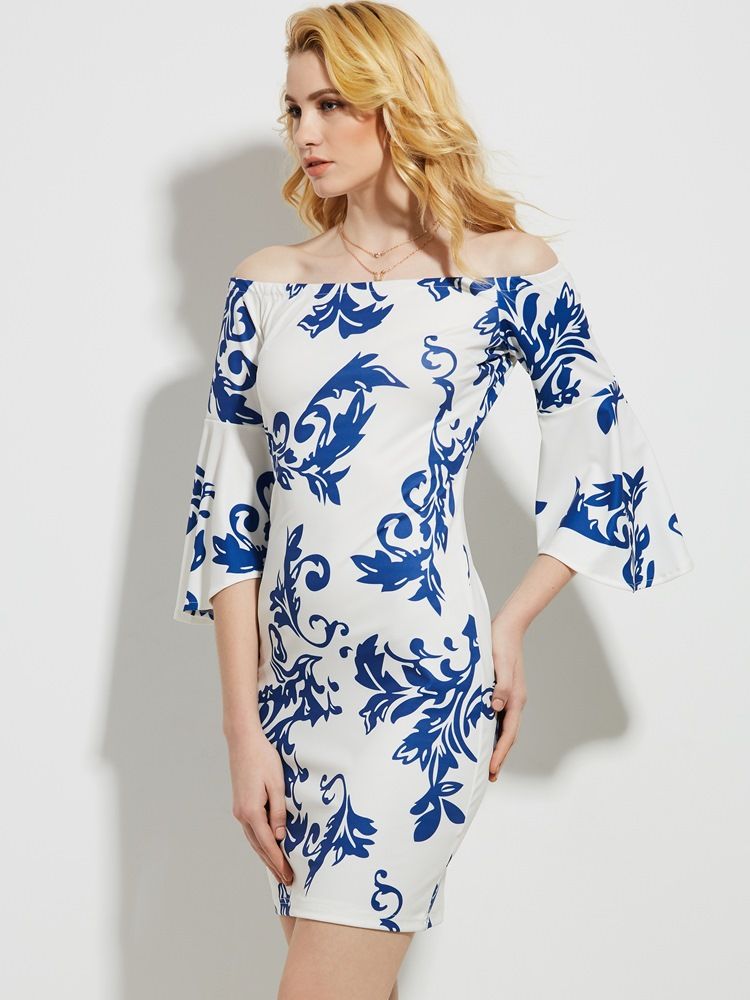 Kvinders Slash Neck Floral Print Bell Ærme Bodycon Kjole