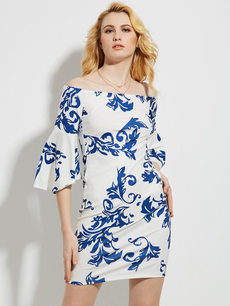 Kvinders Slash Neck Floral Print Bell Ærme Bodycon Kjole