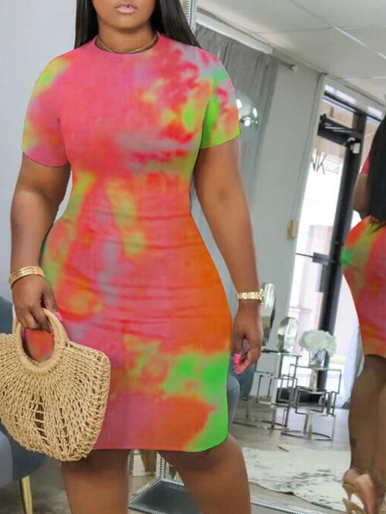 Kvinders Tie-dye Knælang Kortærmet Midje Bodycon Kjole