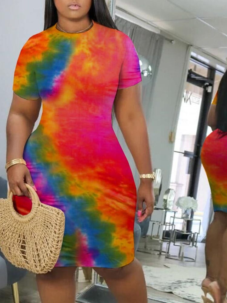 Kvinders Tie-dye Knælang Kortærmet Midje Bodycon Kjole