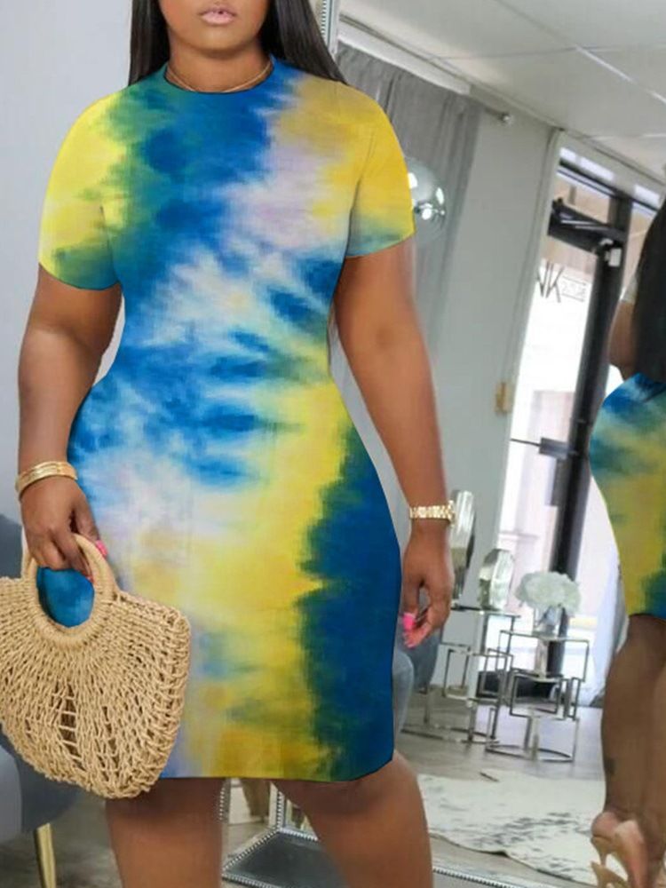 Kvinders Tie-dye Knælang Kortærmet Midje Bodycon Kjole