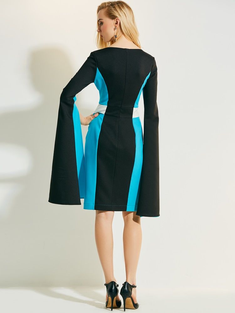 Kvinders V-hals Color Block Flare Ærmer Bodycon Kjole