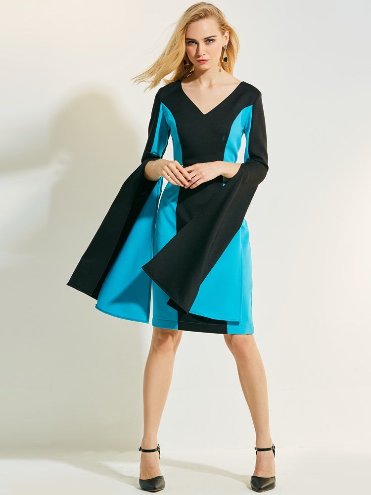 Kvinders V-hals Color Block Flare Ærmer Bodycon Kjole