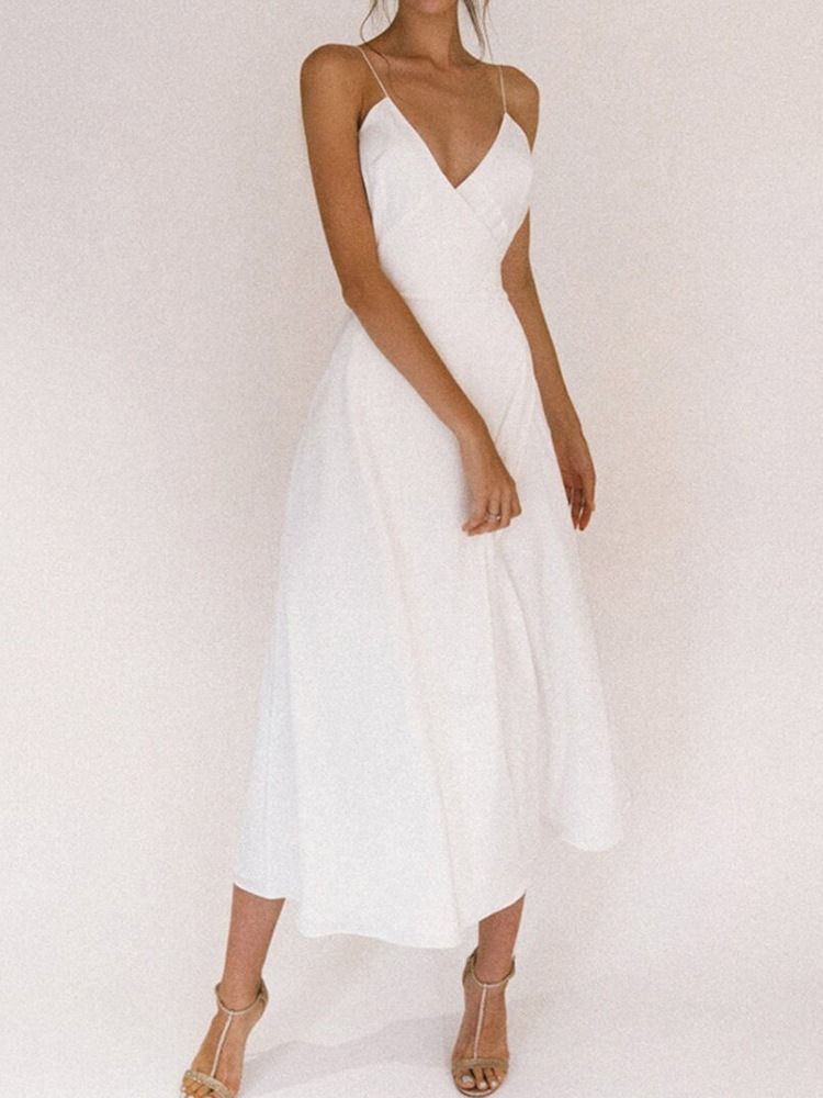 Mid-calv V-neck Backless Fashion Plain White Dress Beach Dresses For Women Wedding Guest Dress