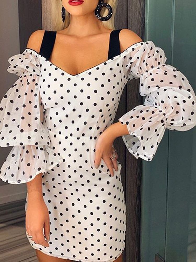 Over Knæet Patchwork Ni Point Ærme Polka Dots Bodycon Kjole Til Kvinder