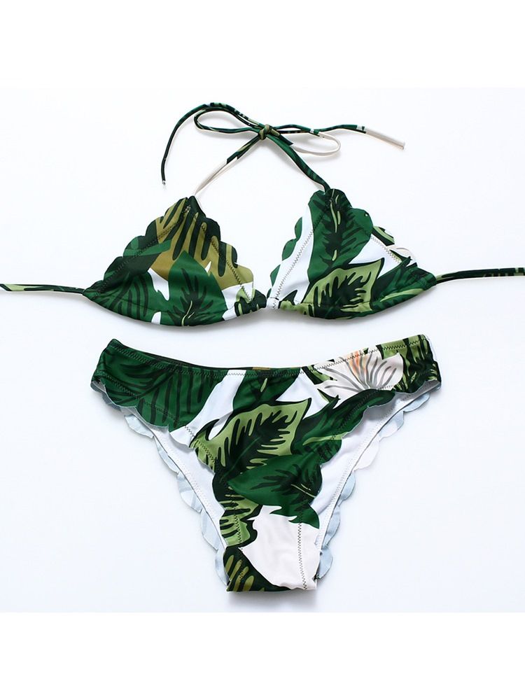 Kvinder Plant Leaf Print Halter Bikini Dragter