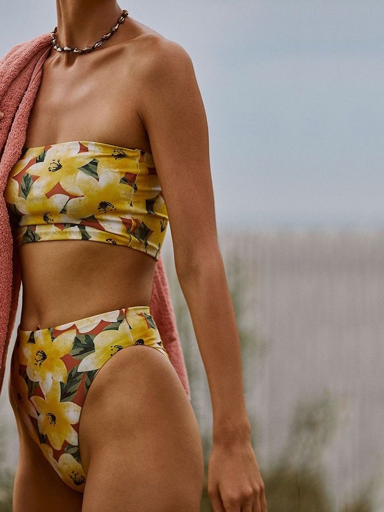 Kvinders Farveblok Bikini Sæt Print Blomster Badetøj