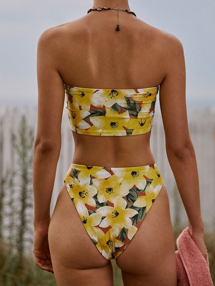 Kvinders Farveblok Bikini Sæt Print Blomster Badetøj