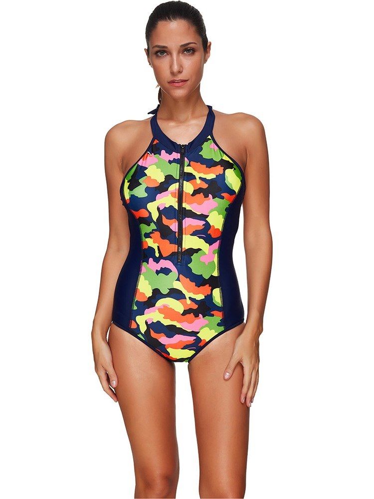 Kvinders Farveblok Camouflage Lynlås Ét Stykke Monokini