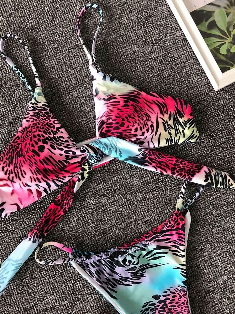 Kvinders Farveblokprint Bowknot Lace-up Sexy Bikini