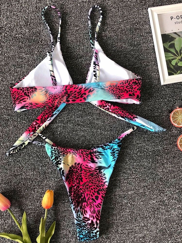 Kvinders Farveblokprint Bowknot Lace-up Sexy Bikini