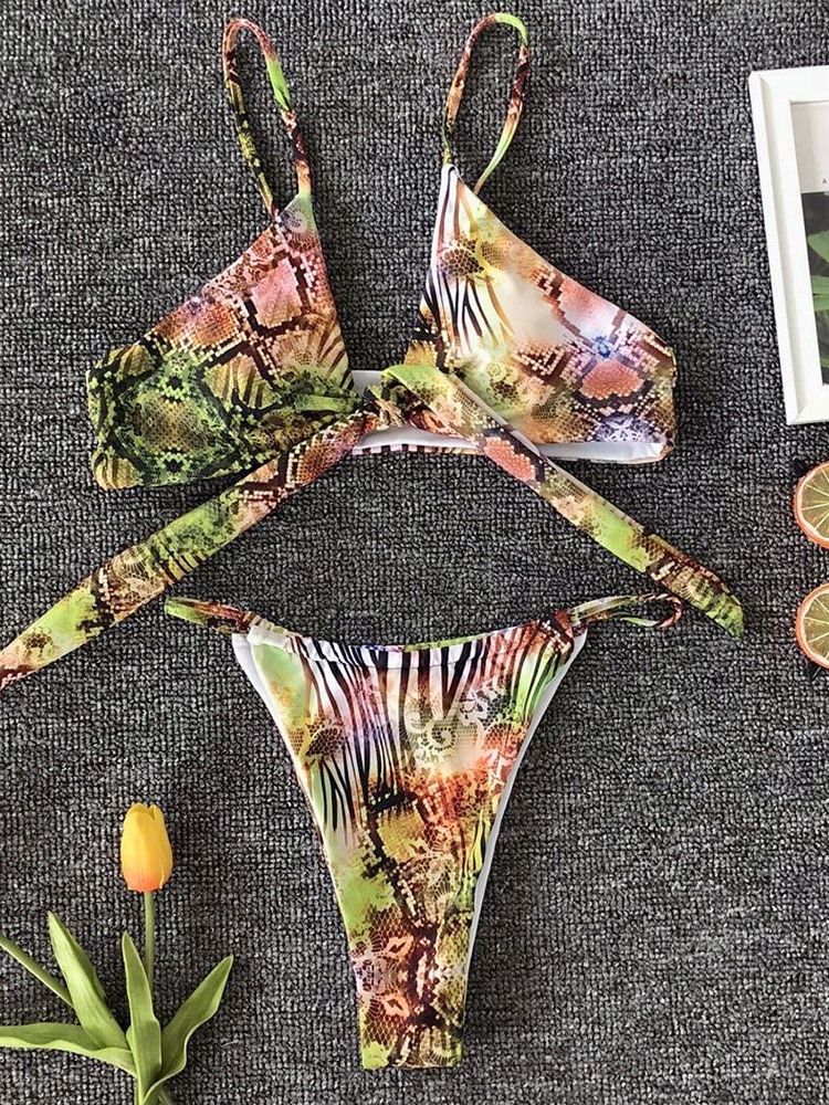 Kvinders Farveblokprint Bowknot Lace-up Sexy Bikini