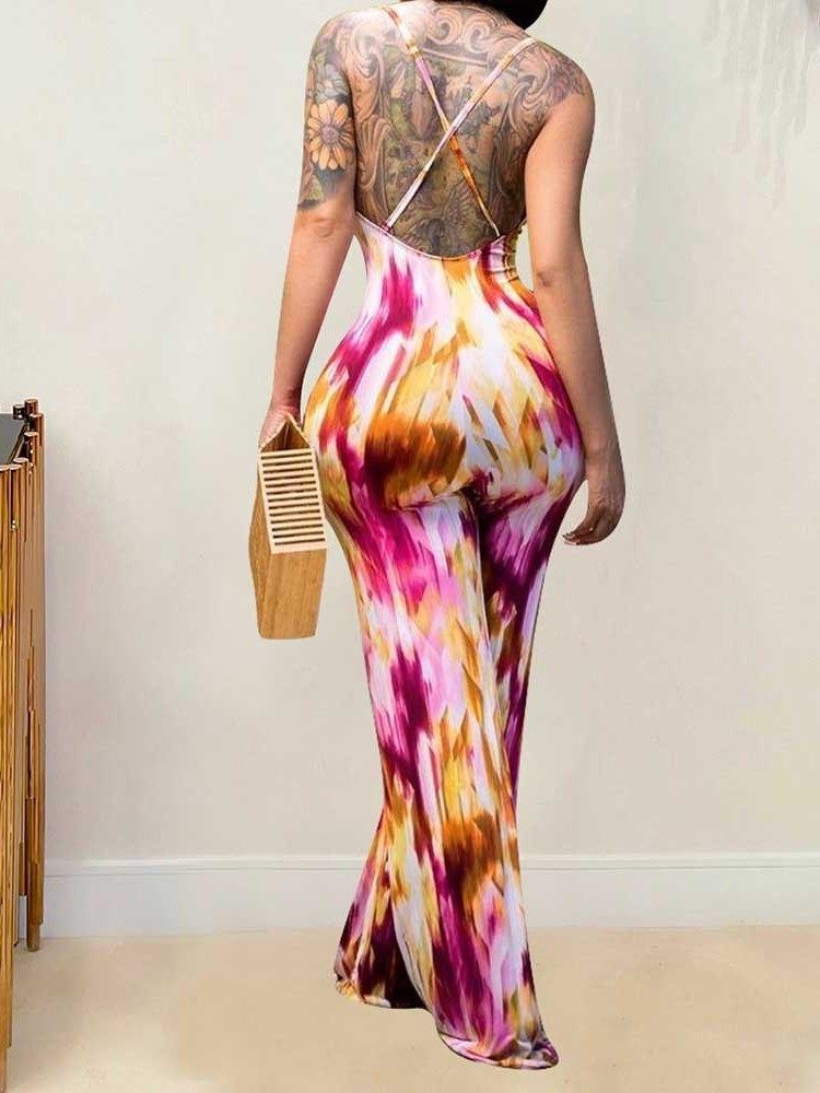 Backless Floral Office Lady Slim Straight Jumpsuit Til Kvinder