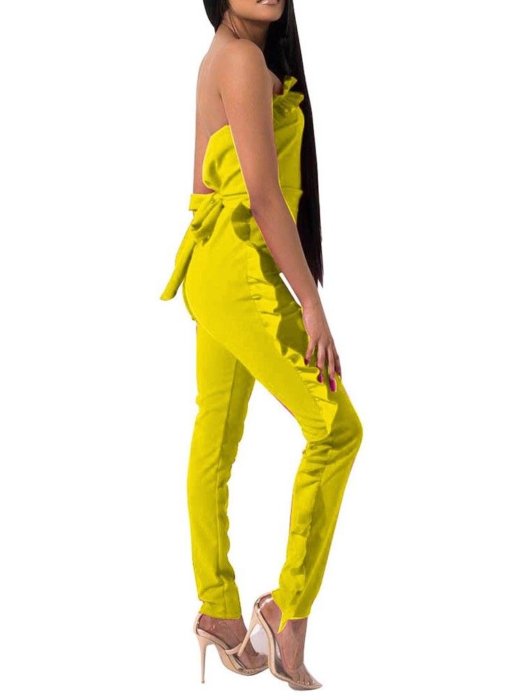 Bowknot Plain Full Length Skinny Women's Jumpsuit