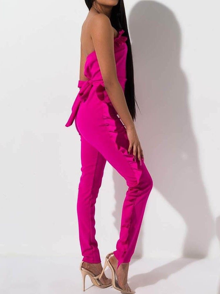 Bowknot Plain Full Length Skinny Women's Jumpsuit