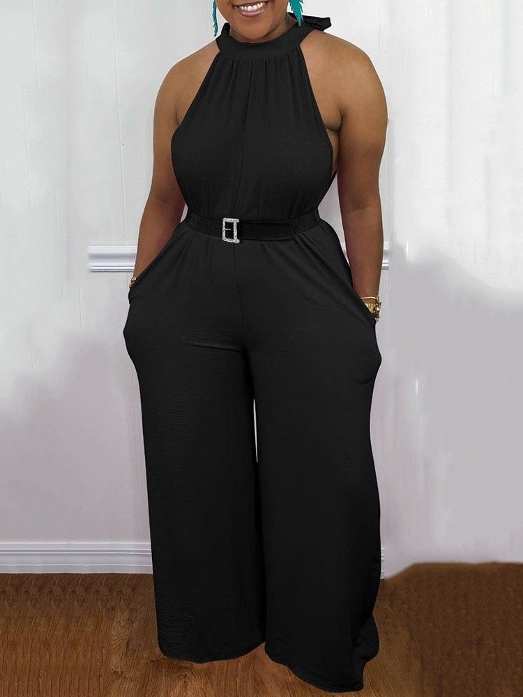 Fuld Længde Pocket Plain Slim Straight Women's Jumpsuit Til Kvinder